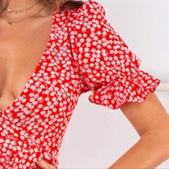 Red Floral V-Neck Wrap Dress - Picture 6 of 9